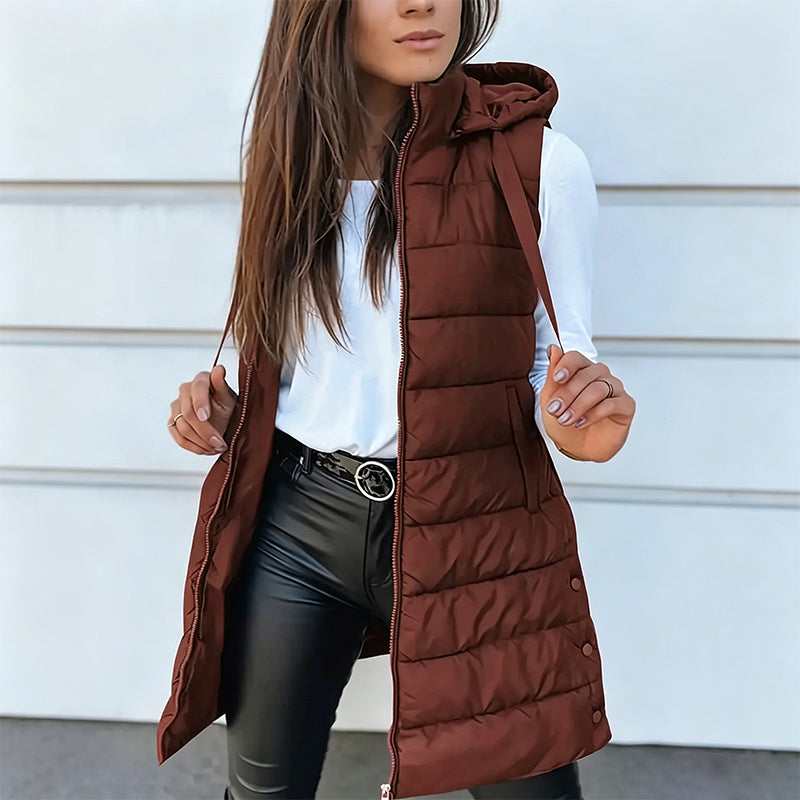 Chaleco acolchado largo con cremallera para mujer