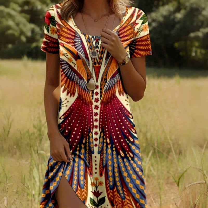 Vestido de manga corta con estampado de pavos reales y flores para mujer