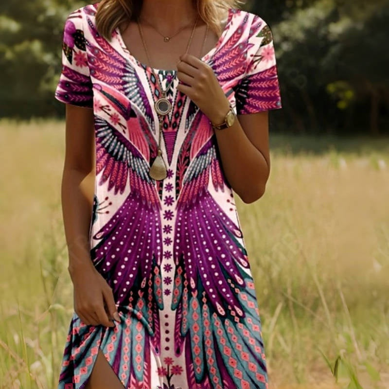Vestido de manga corta con estampado de pavos reales y flores para mujer