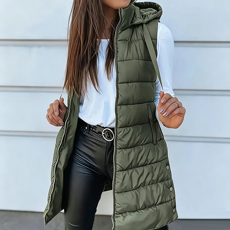 Chaleco acolchado largo con cremallera para mujer