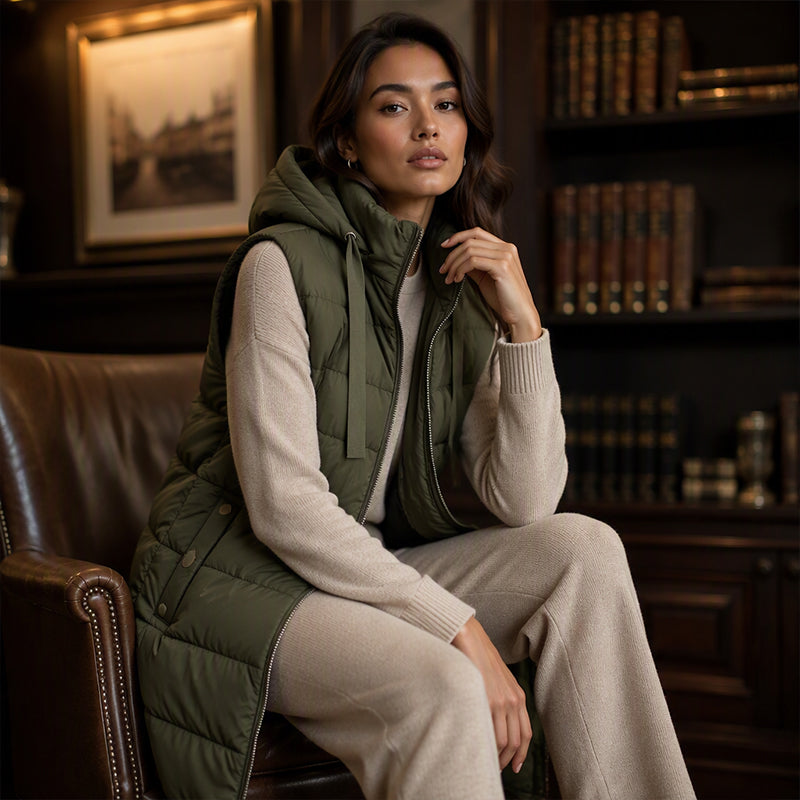 Chaleco acolchado largo con cremallera para mujer