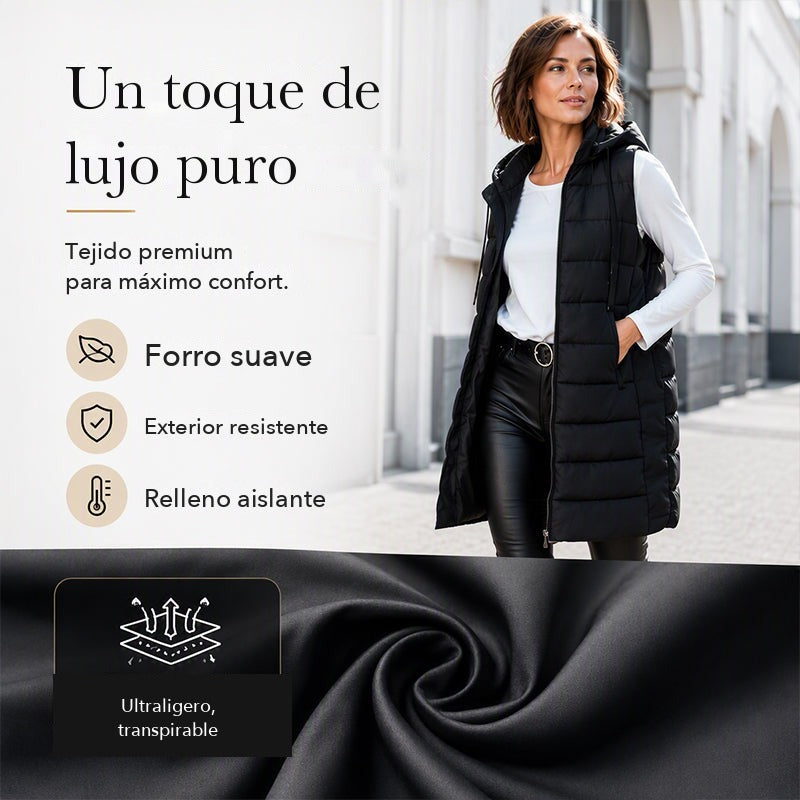 Chaleco acolchado largo con cremallera para mujer
