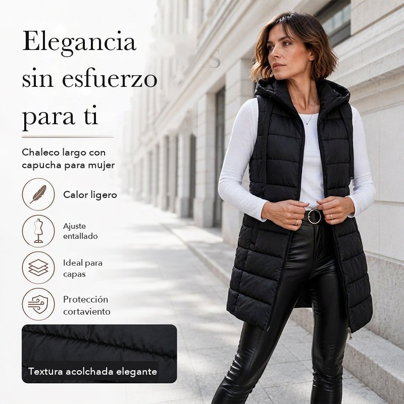 Chaleco acolchado largo con cremallera para mujer