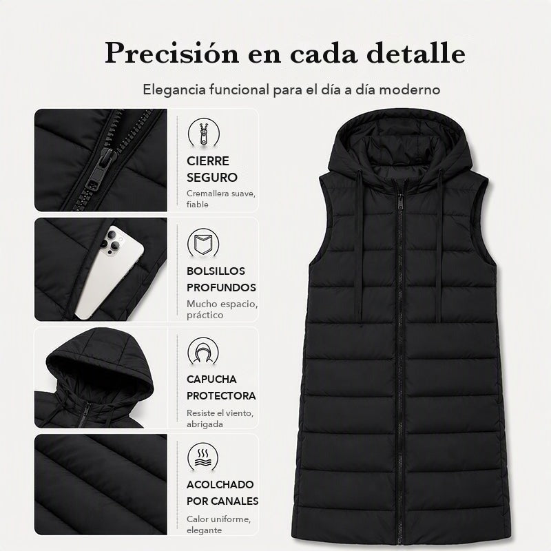 Chaleco acolchado largo con cremallera para mujer