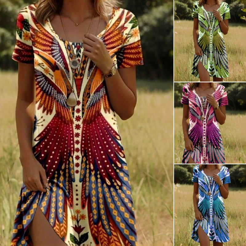 Vestido de manga corta con estampado de pavos reales y flores para mujer