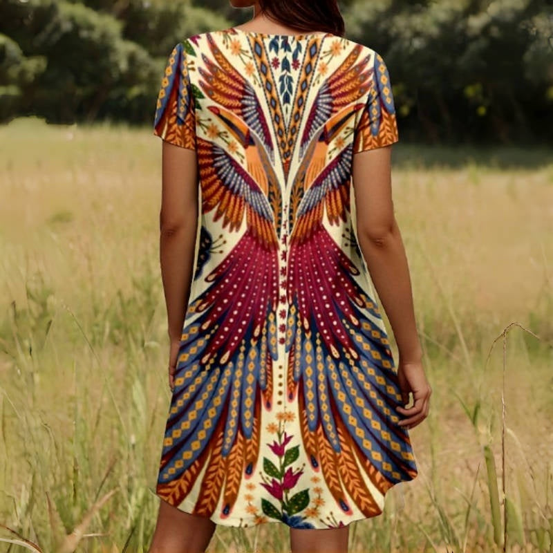 Vestido de manga corta con estampado de pavos reales y flores para mujer